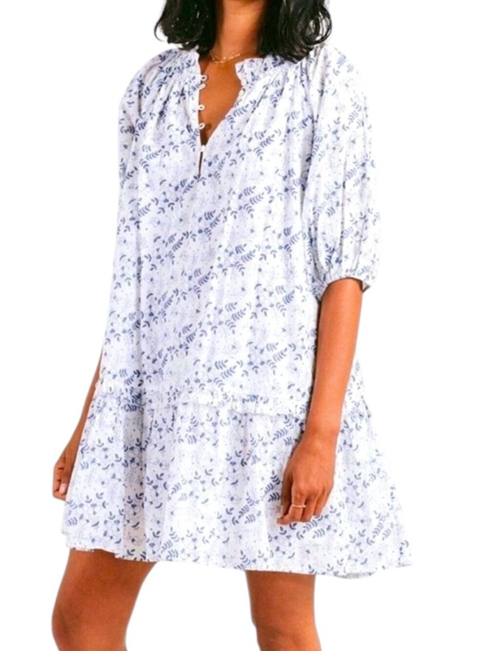 Cleobella Nevah Mini Dress Small Blue Floral Cotton Boho Tiered